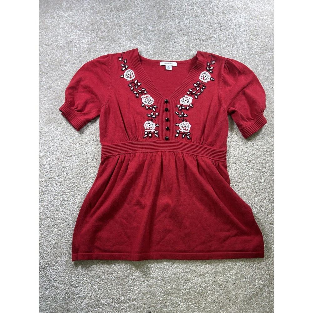 Dressbarn Sweater‎ Womens Small Red Short Sleeve Embroidered Floral Pullover Top